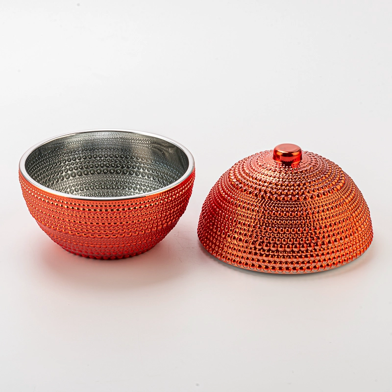 Luxury Red Embossed Ball Shape Decorative Candle Holder Glass Candle Jar with Lid