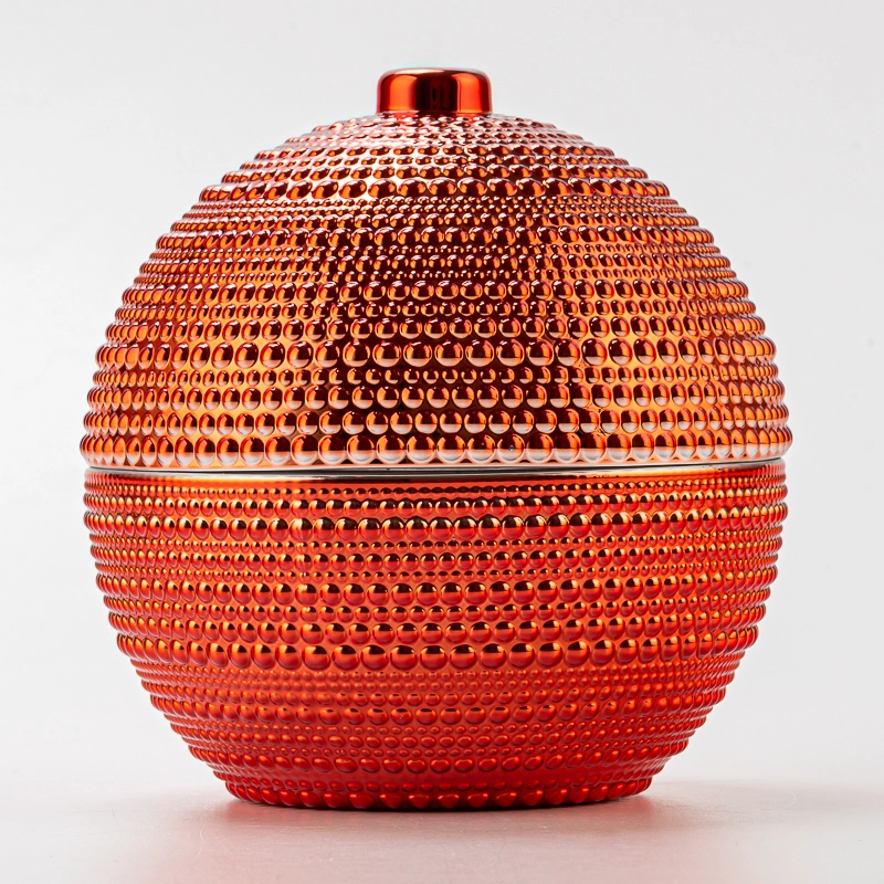 Luxury Red Embossed Ball Shape Decorative Candle Holder Glass Candle Jar with Lid