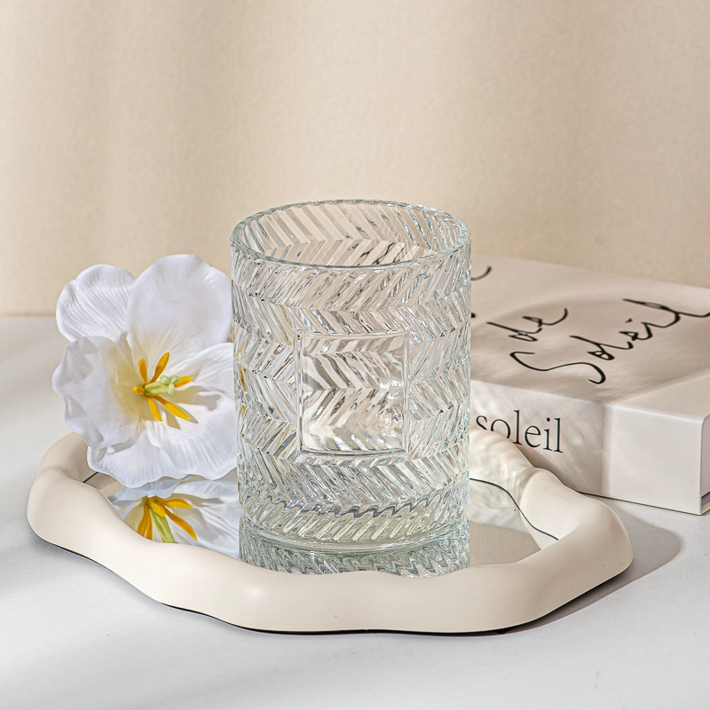 23oz ribbed pattern glass candle holder jar with blank area for logo/ label