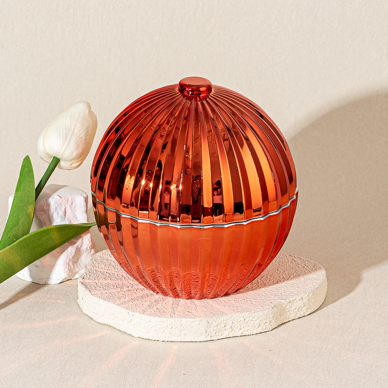 Popular Red Textured Ball Shape Glass Candle Holder Scented Candle Jar with Lid