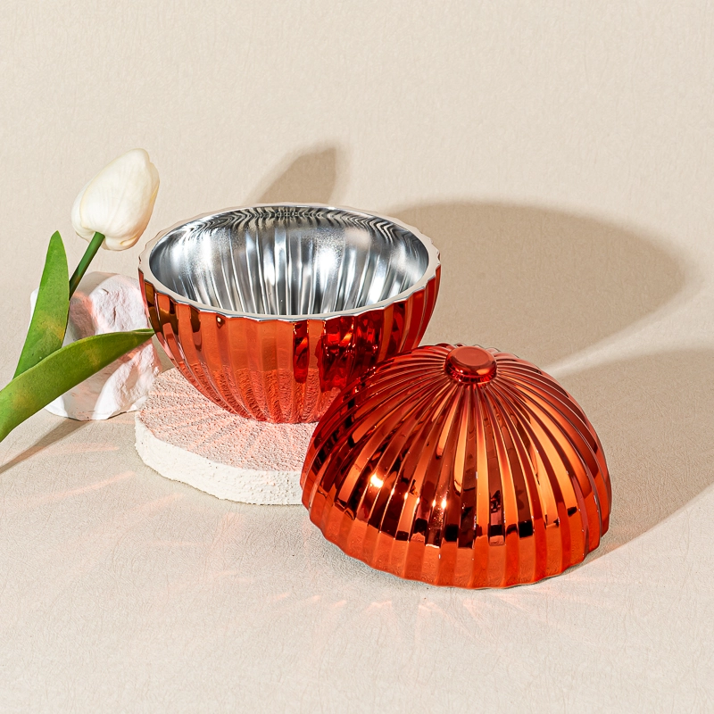Popular Red Textured Ball Shape Glass Candle Holder Scented Candle Jar with Lid
