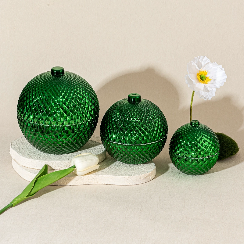 Wholesale 200ml 400ml Embossed Ball Shape Glass Candle Jar with Lid Decorative 