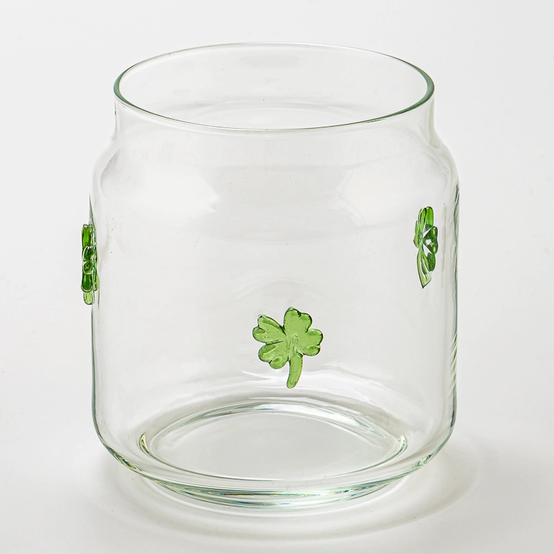 Four Leaf Clover Embellish Clear Glass Candle Jar for Decoration