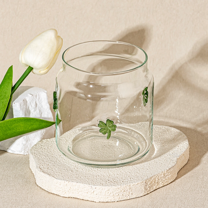 Four Leaf Clover Embellish Clear Glass Candle Jar for Decoration