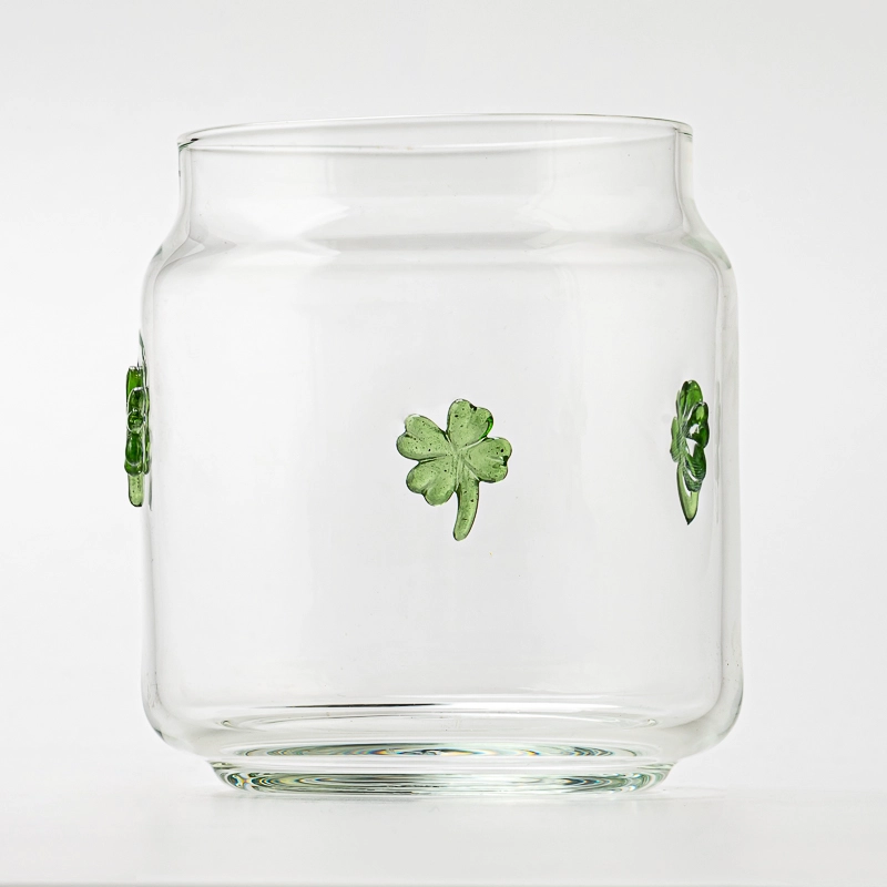 Four Leaf Clover Embellish Clear Glass Candle Jar for Decoration