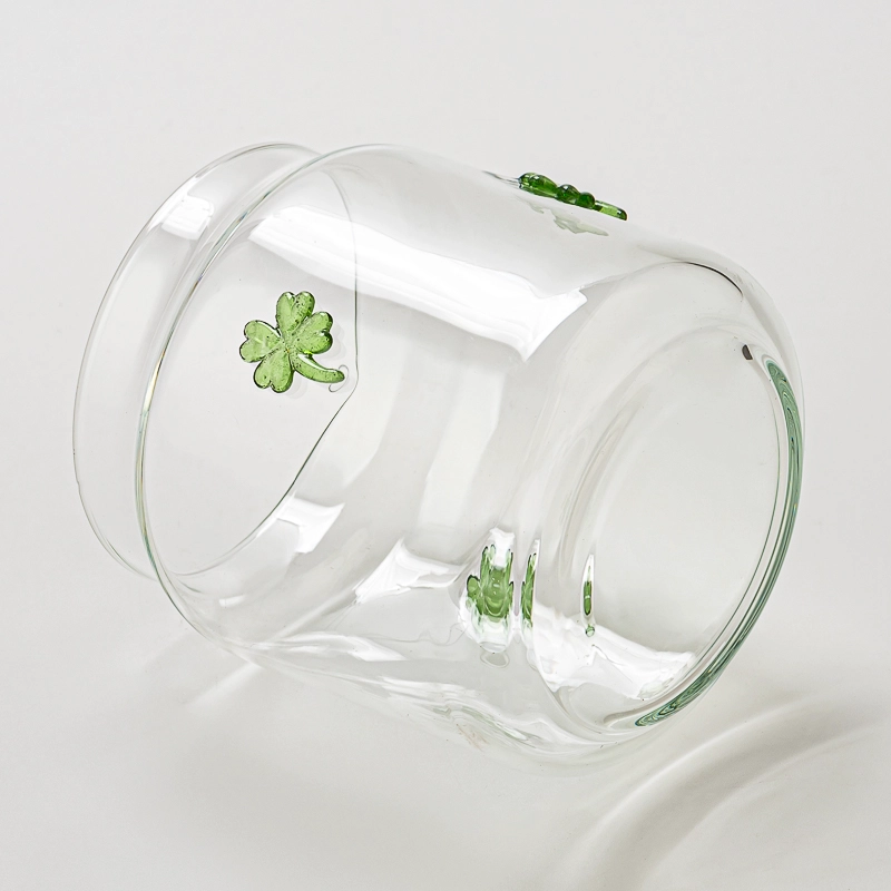 Four Leaf Clover Embellish Clear Glass Candle Jar for Decoration