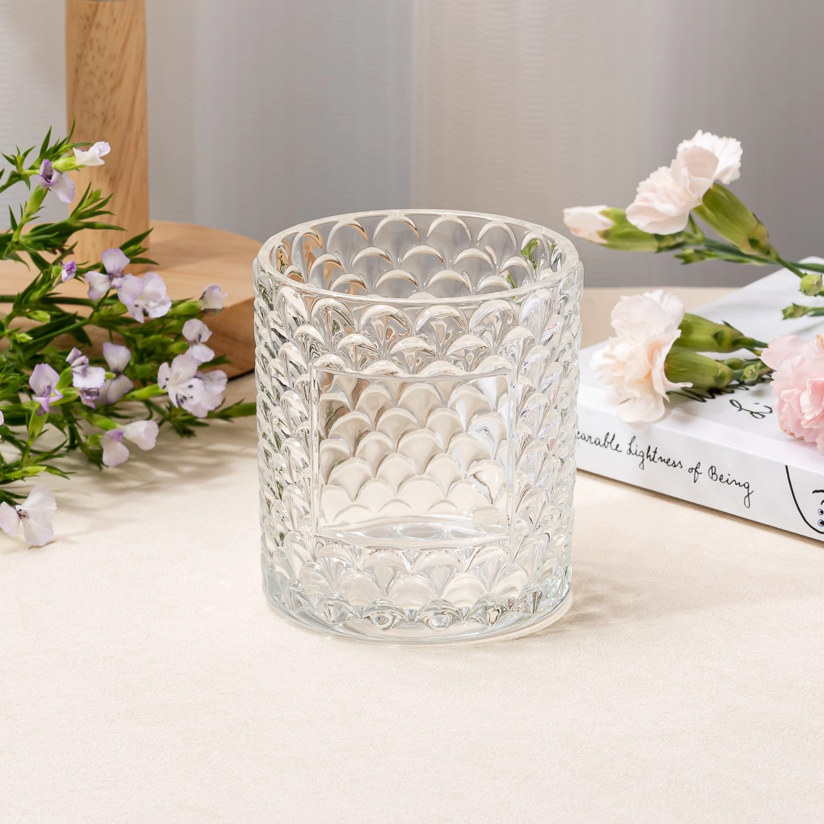Custom Label Cylinder Embossed Glass Jar Empty Candle Holder for Candle Packaging - COPY - m6im0d