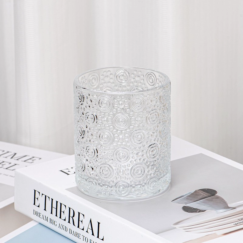 11oz round glass candle holder candle vessel with circle pattern