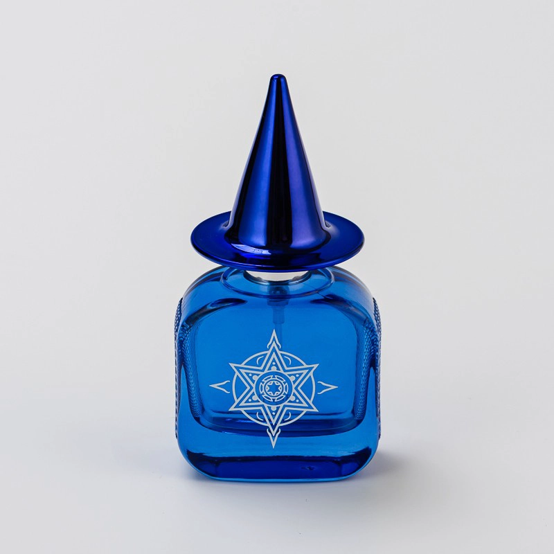 Home Decor Personnaliser Logo Bouteille en verre bleu Bouteille de parfum avec couvercle bleu