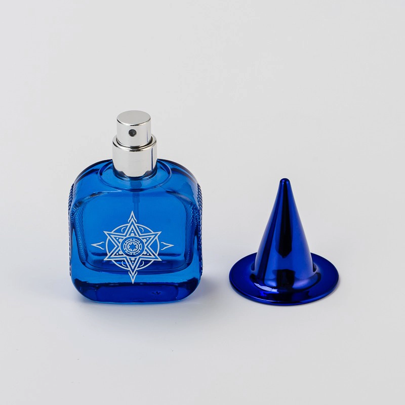 Home Decor Personnaliser Logo Bouteille en verre bleu Bouteille de parfum avec couvercle bleu
