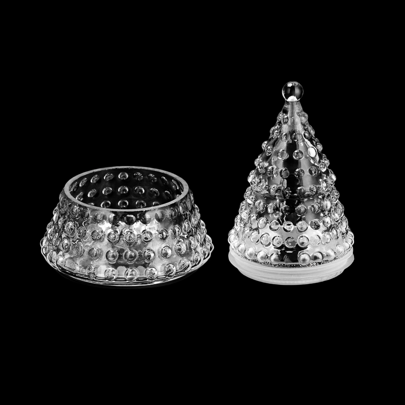 Supplier 340ml Luxury Newly Christmas Tree Shape Glass Candle Jar & Matched Glass Lids & Silicone in
