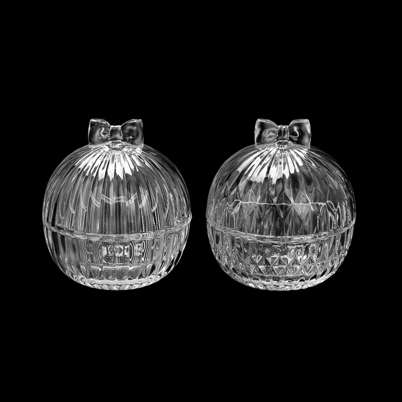 Supplier245ml Christimas Ball Shape Glass Candle Container With Glass Lids & Bowknot Handle