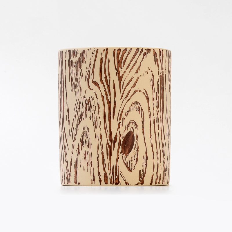 Tree Grain Pattern Cylinder Shape Ceramic Handmade 462ml Reusable Scented Candle Jar Home Decoration