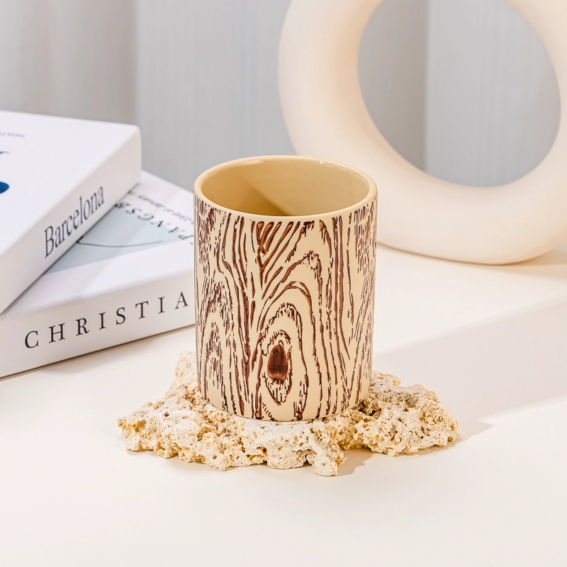 Tree Grain Pattern Cylinder Shape Ceramic Handmade 462ml Reusable Scented Candle Jar Home Decoration Tree Grain Pattern Cylinder Shape Ceramic Handmade 462ml Reusable Scented Candle Jar Home Decoration