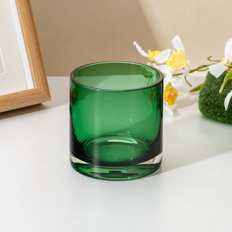 Forest Green Cylinder Thick Base Glass Candle Cup with Custom Logo Design