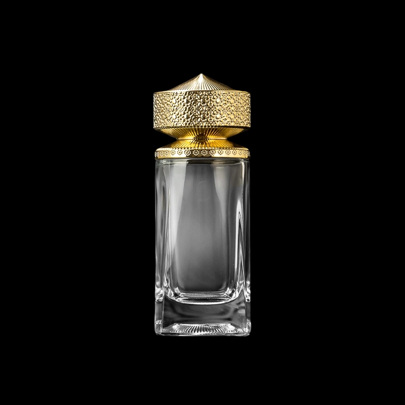 Tall Gold Lidded Square Perfume Bottle for Luxury Fragrance Packaging