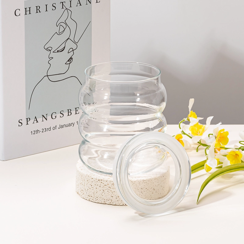 透明な階層型波状ガラスキャンドルジャー ガラス蓋付き 空の香り付きキャンドル容器 家の装飾用カスタム印刷 透明な階層型波状ガラスキャンドルジャー ガラス蓋付き 空の香り付きキャンドル容器 家の装飾用カスタム印刷