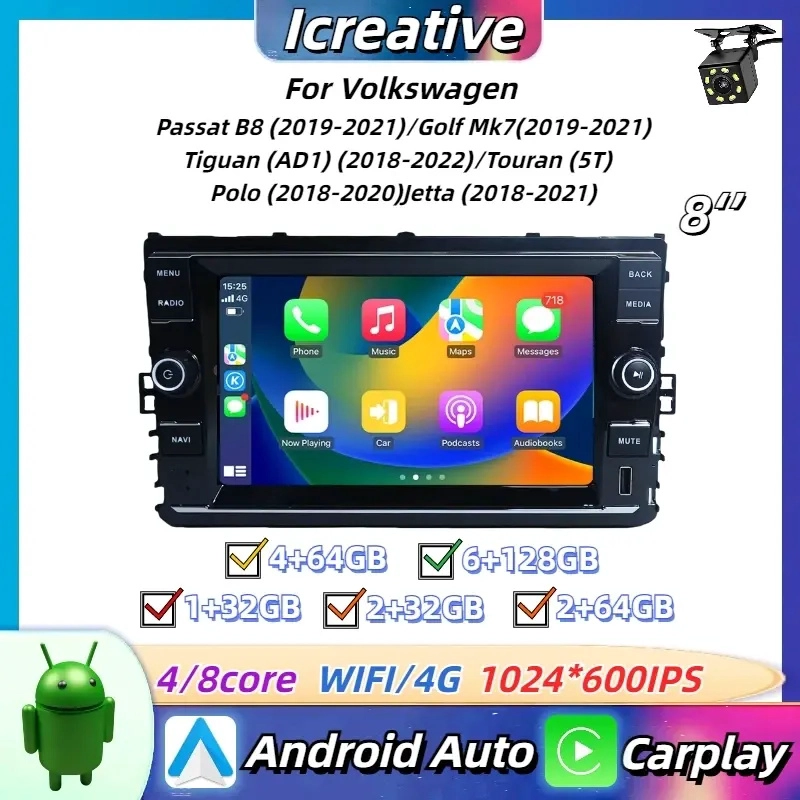 8inch Car Radio Android for Volkswagen 2019-2021 Passat B8 Golf Mk7 T-Cross Jetta Tiguan Polo Auto Multimedia Stereo Navigation