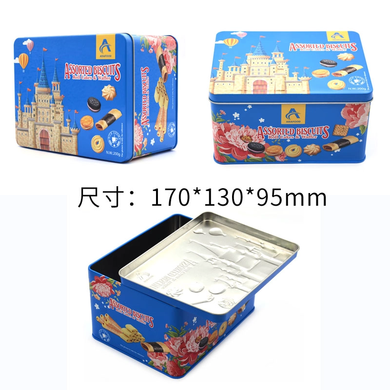 China Rectangle Cookie Biscuit Gift Box Custom Printed Food Storage Metal Tin Box manufacturer