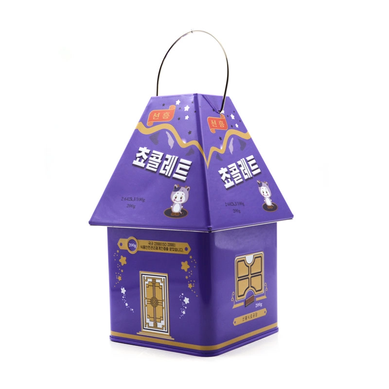 China Weihnachtshausförmige Blech-Aufbewahrungsbox, Schokoladengeschenke, Blechbehälter, individuell bedruckte Metallbox Hersteller