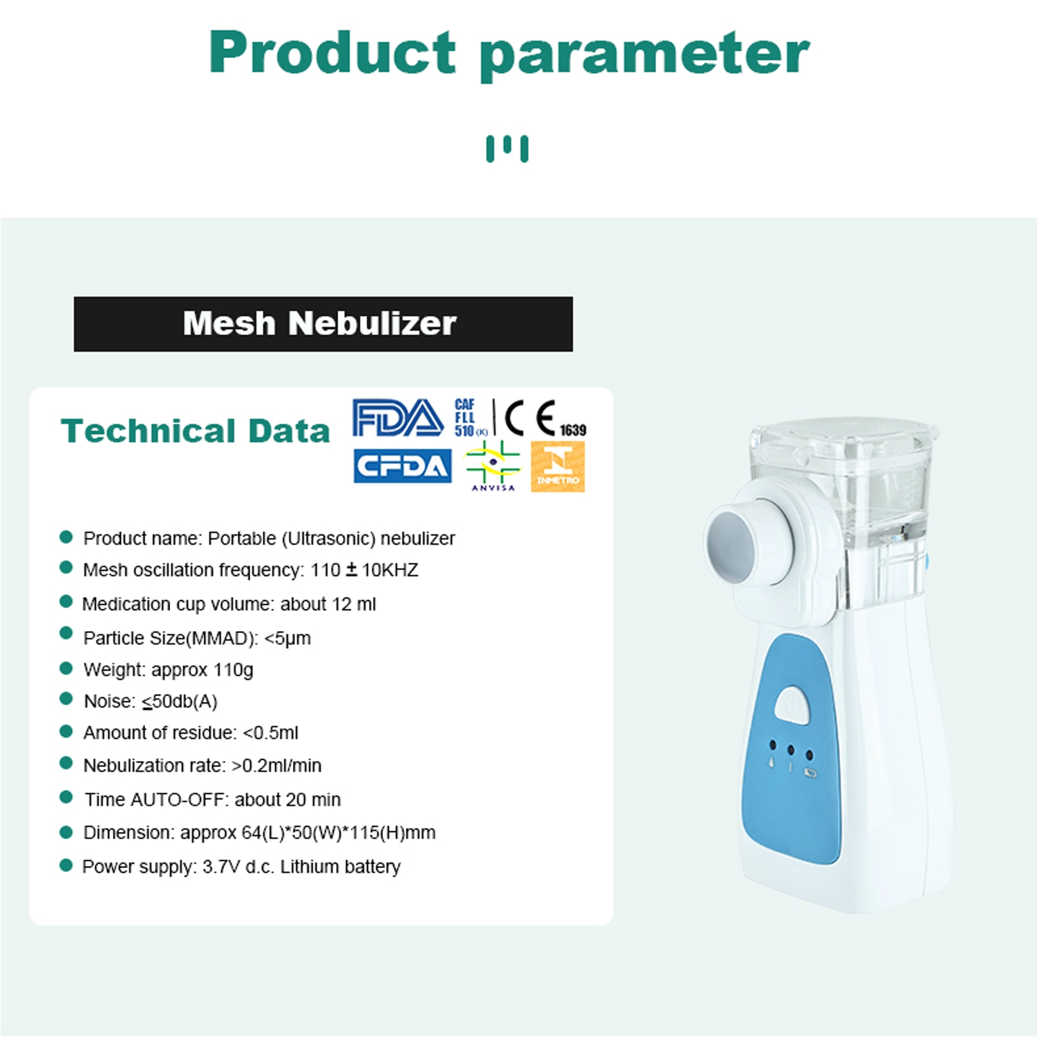 Nebulizador de malha para inalador portátil certificado pela CE