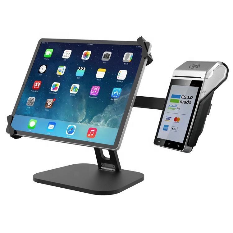 China Universeel verstelbare tablet POS Stand met pin padhouder-Dual-structuurontwerp voor iPad & Android-tablets | Roteerbare en vergrendeling POS Mount voor Retail & Restaurant Checkout fabrikant