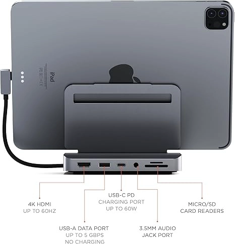 China USB-C-Hub-Dockingstation mit Aluminiumstand für iPad Pro | 6-in-1 iPad Pro USB-C-Hub mit 4K HDMI, PD-Lade-, USB-A-, Audio- und SD-Kartenleser Hersteller
