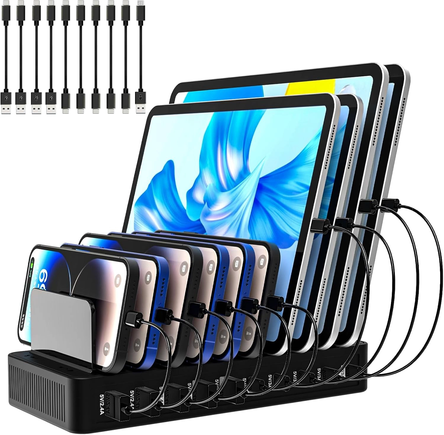 China Estação de carregamento de 10 portas de 100 W com divisórias ajustáveis ​​- carregador multi USB tipo C para telefones e tablets fabricante
