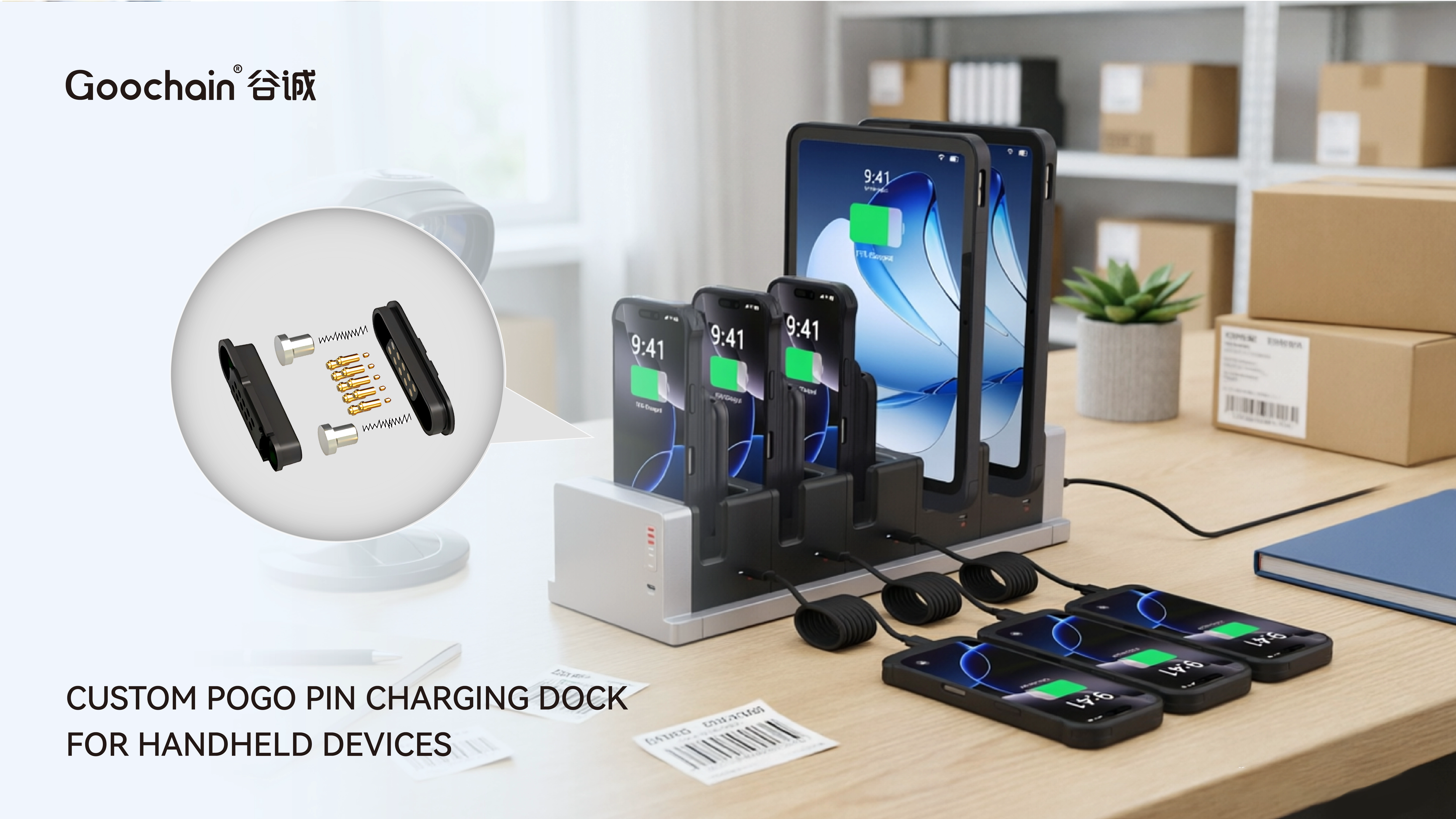 Benutzerdefinierte Pogo-Pin-Ladestation für Barcode-Scanner, PDA-Geräte, Tablets und Smartphones