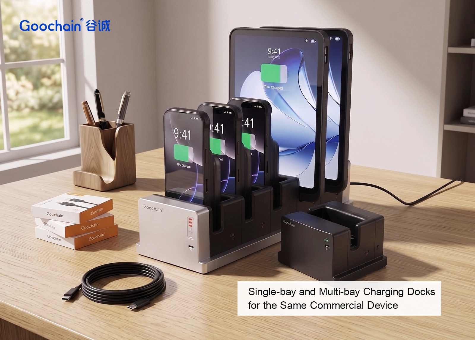 Single-Bay or Multi-Bay Charging Dock for Shared Commercial Devices