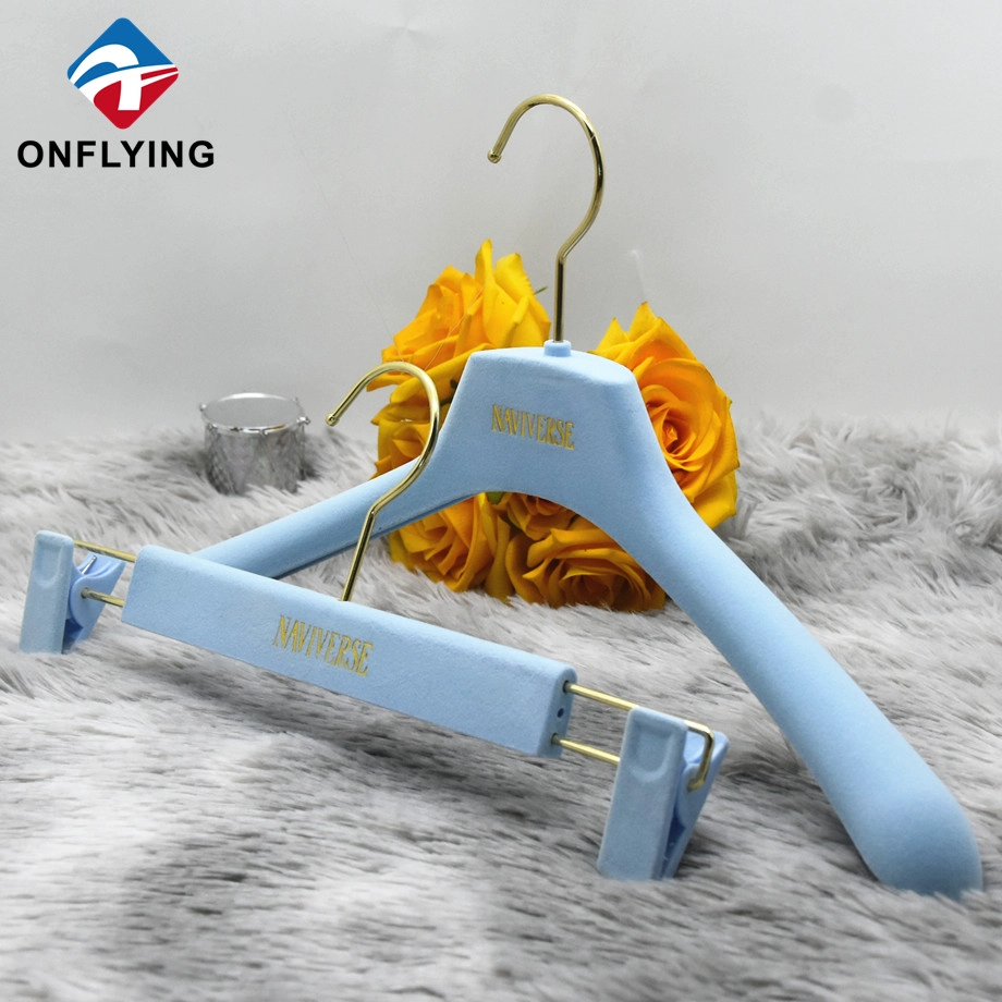 China Luxury Sky Blue Garment Clothes Velvet Hangers with Logo Manufacturer Supplier manufacturer