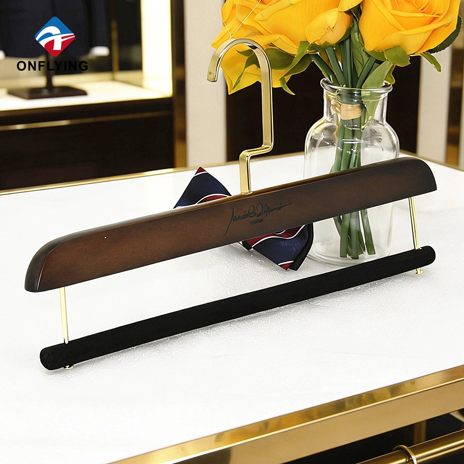 Durable Custom Brown Lotus Wood Pants Hanger with Velvet bar Factory China