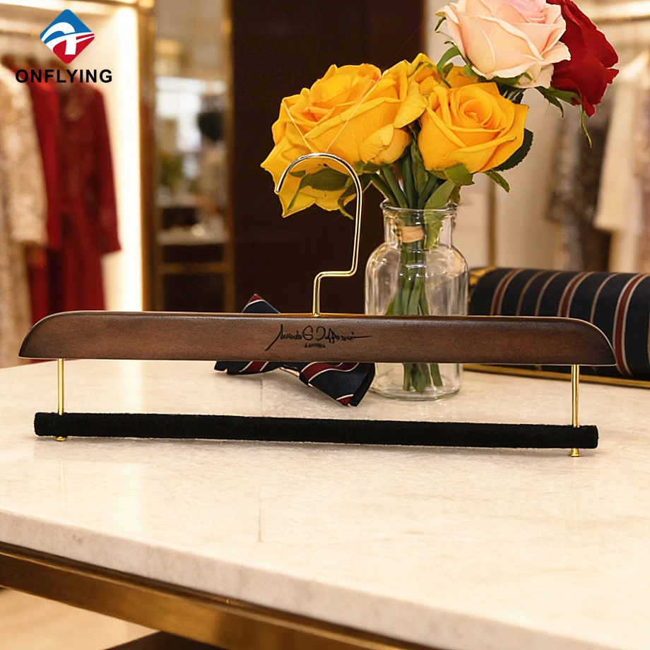 Durable Custom Brown Lotus Wood Pants Hanger with Velvet bar Factory China