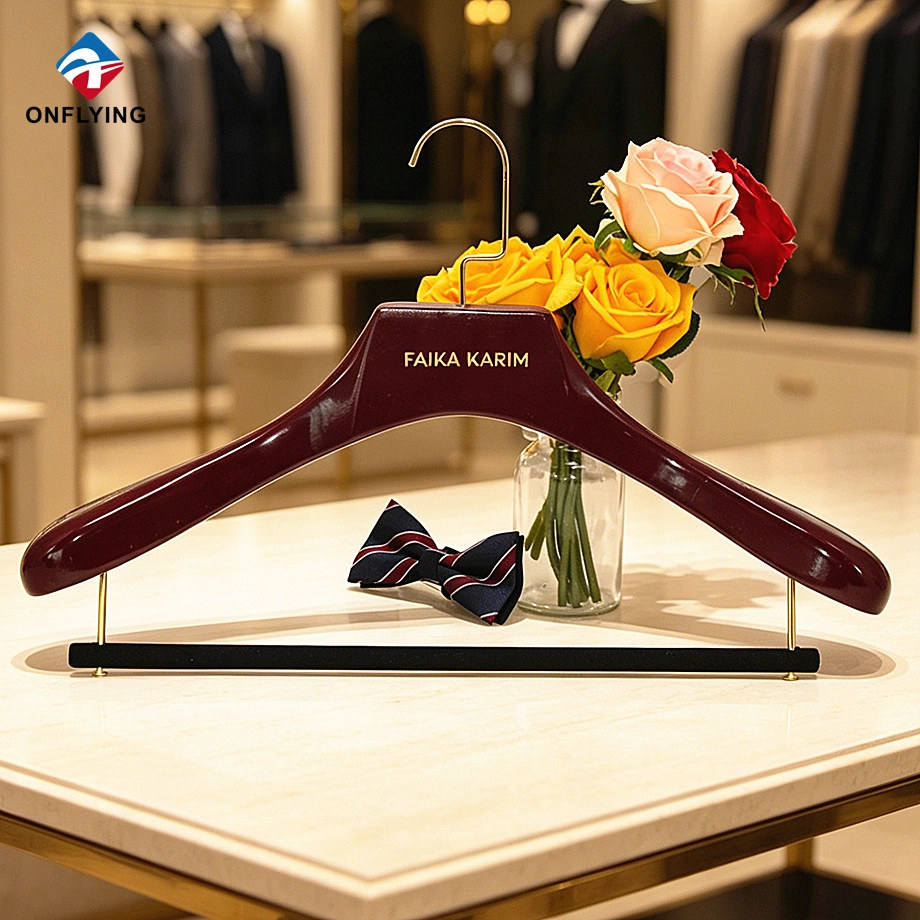 Best Selling Suit Store square Hook Burgundy Wood Customized Hanger Factory China