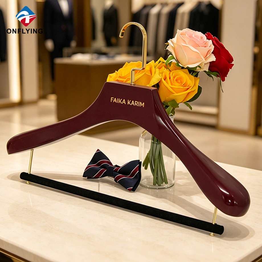 Best Selling Suit Store square Hook Burgundy Wood Customized Hanger Factory China