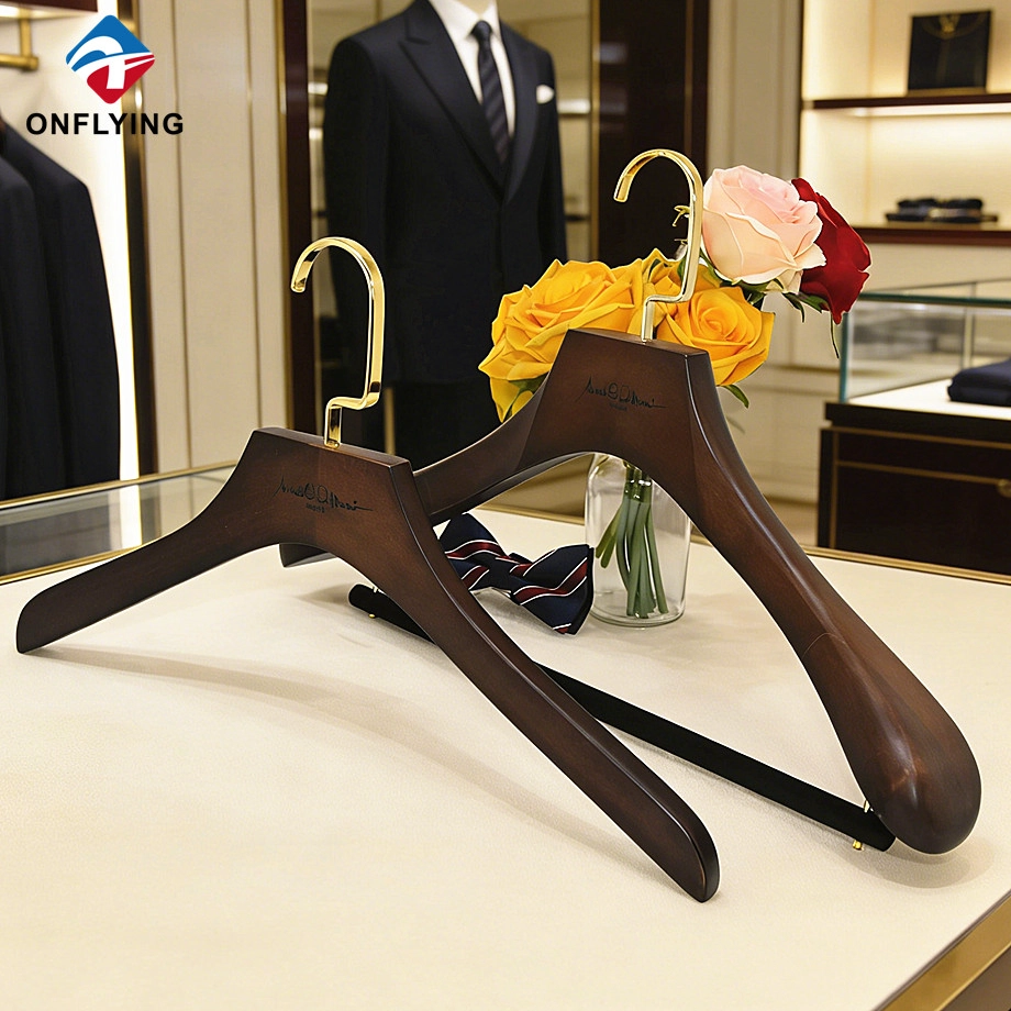 Conjunto de perchas de ropa de madera de loto personalizadas para pantalones y trajes de exhibición de ropa de alta gama de lujo Conjunto de perchas de ropa de madera de loto personalizadas para pantalones y trajes de exhibición de ropa de alta gama de lujo