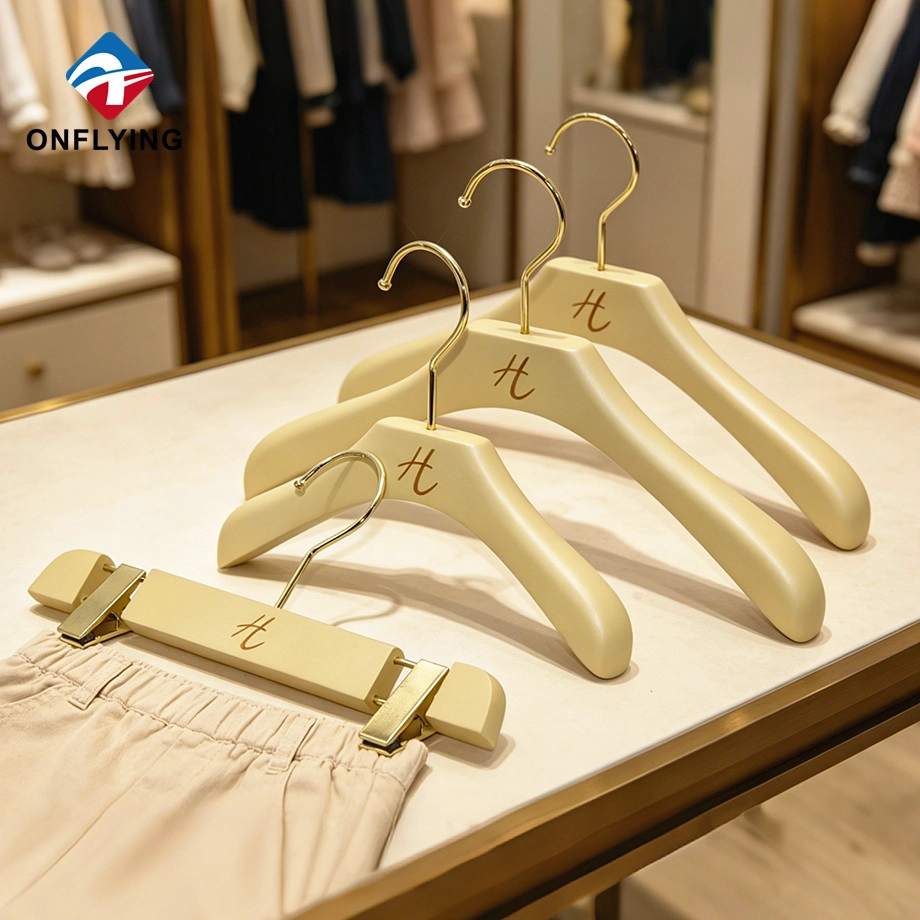 High-end Luxurious Wood Solid Smooth Garment Kid Wooden Beige Hanger Custom logo Factory China - COPY - cuva6l