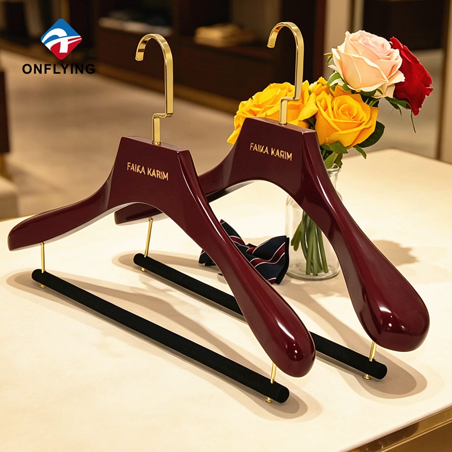 Hand-polished Glossy Brown Smooth Wooden Lady Suit Hanger Non slip Velvet Shoulder Supplier China