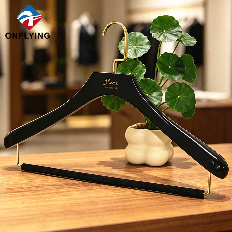 Upscale Wardrobe Storage Glossy Black Robust Men's Suit Wood Hanger with Pants bar Supplier China