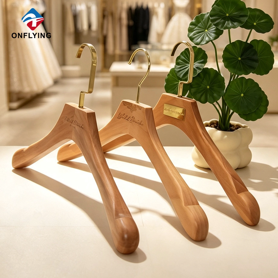 China Premium Luxury Gown Boutique Customized Natural Wooden Garment Dresses Hanger Set Factory China manufacturer