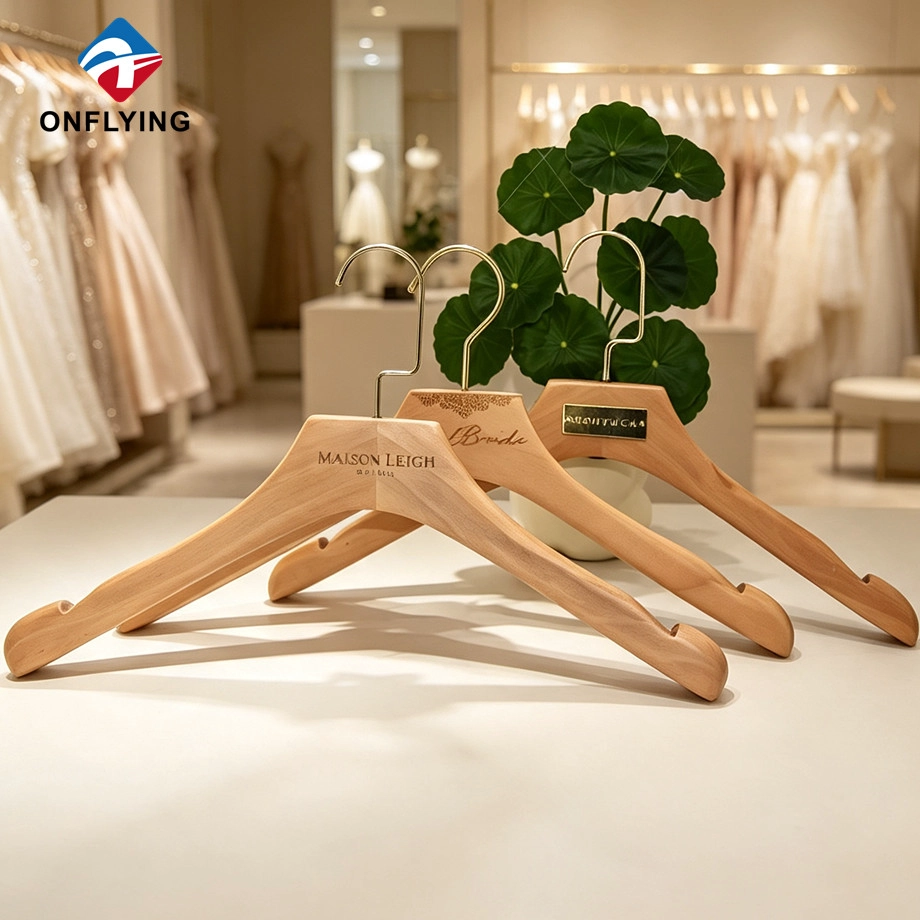 Premium Luxury Gown Boutique Customized Natural Wooden Garment Dresses Hanger Set Factory China