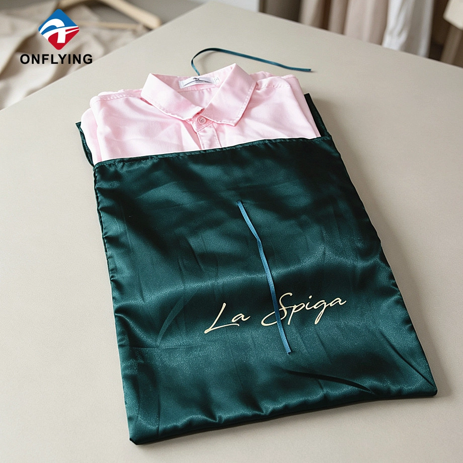 Luxury Waterproof Boutique Custom logo Black Satin Garment Pouch Bag Supplier China