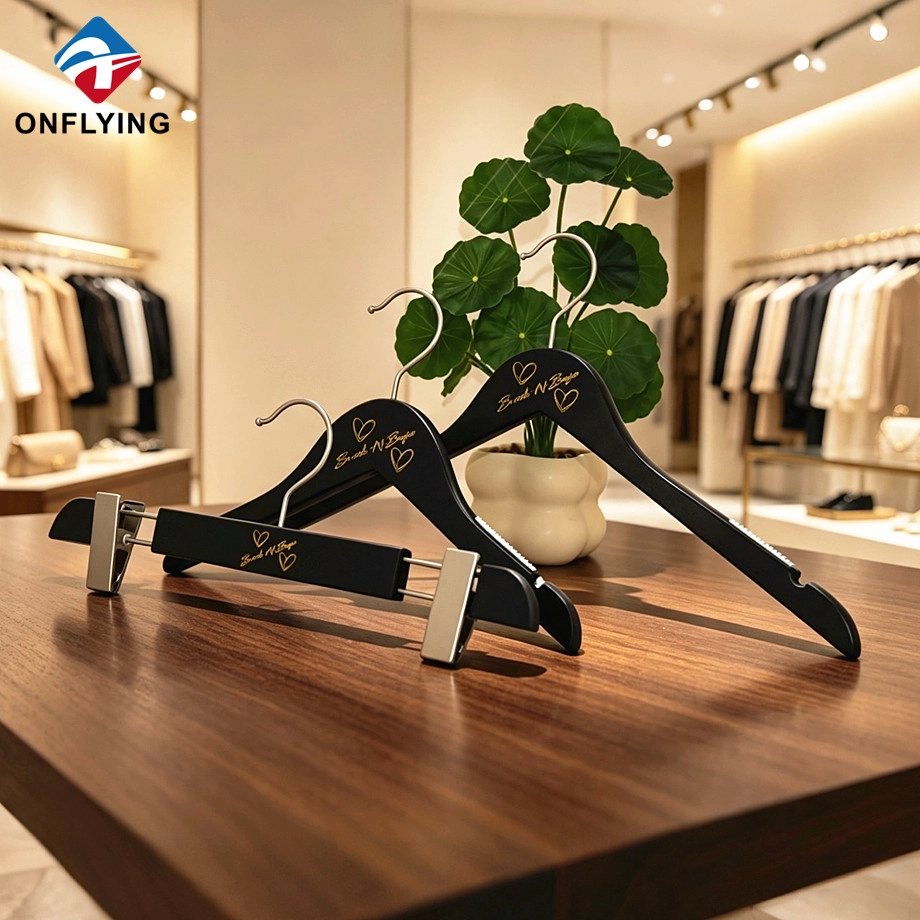 High-end Clothing Store Kid Shirt Pants Black Wooden Solid Hanger Set Custom Sizes Supplier China