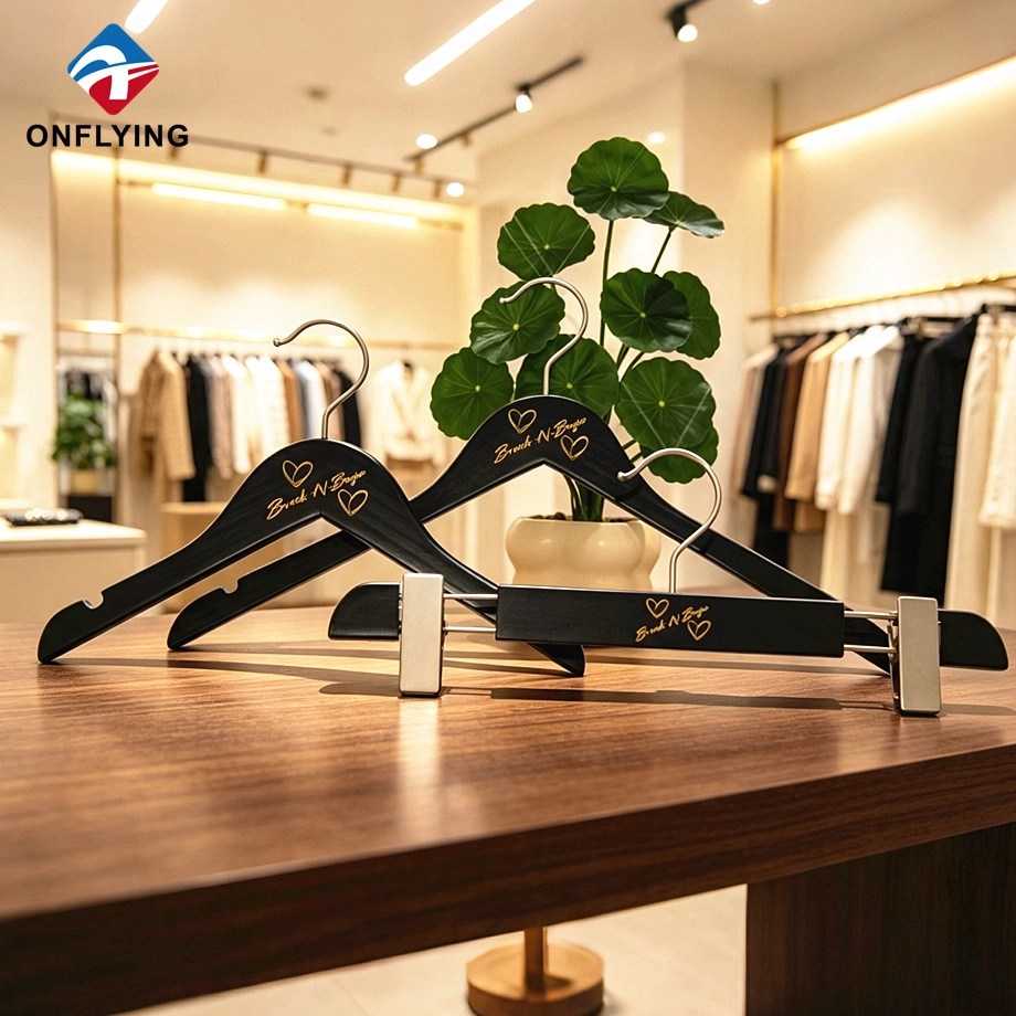 High-end Clothing Store Kid Shirt Pants Black Wooden Solid Hanger Set Custom Sizes Supplier China