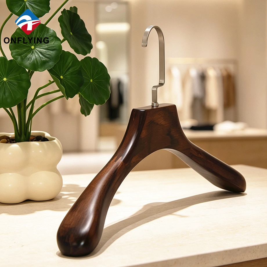 Boutique Display High Quality Sturdy Jacket Coat Solid Wooden Glossy Hanger Factory China