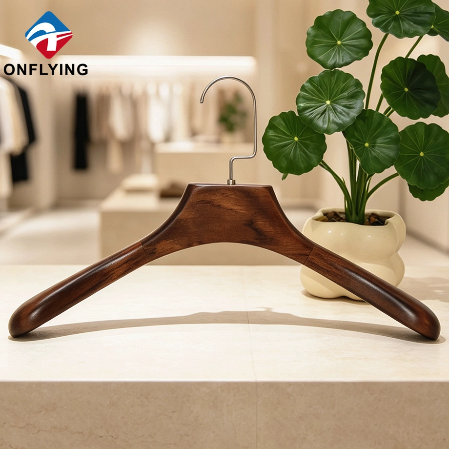 Boutique Display High Quality Sturdy Jacket Coat Solid Wooden Glossy Hanger Factory China