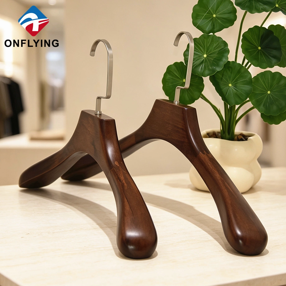 Boutique Display High Quality Sturdy Jacket Coat Solid Wooden Glossy Hanger Factory China