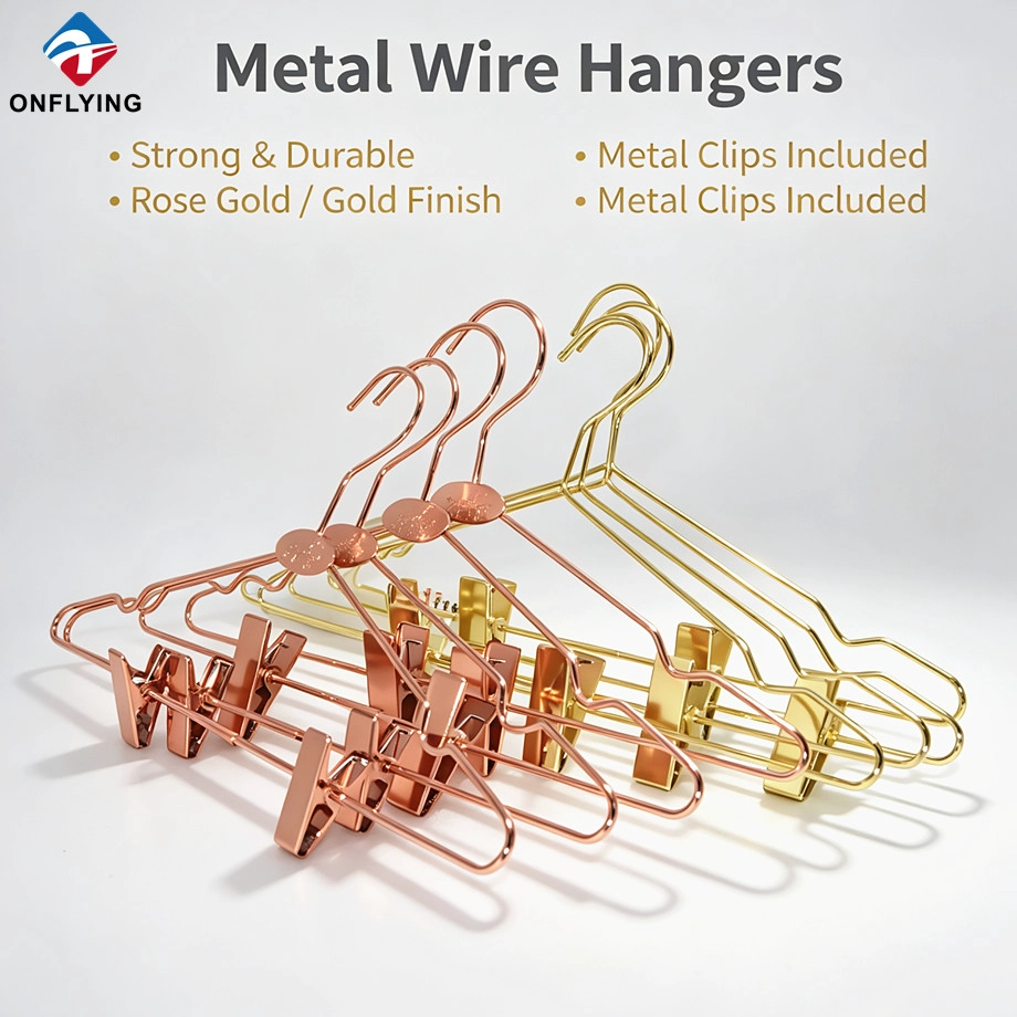 Luxury Metal Wire Hangers with Clips: Gold & Rose Gold Options for Boutique Garment Display Luxury Metal Wire Hangers with Clips: Gold & Rose Gold Options for Boutique Garment Display