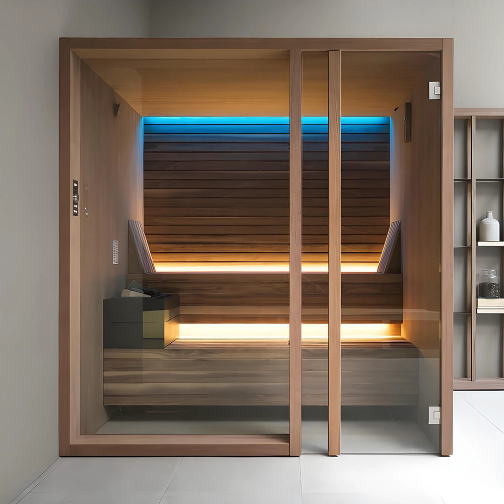 Luxury Curved Glass Corner Sauna Room 2 Person Infrared Corner Sauna Wooden Home Sauna Cabin