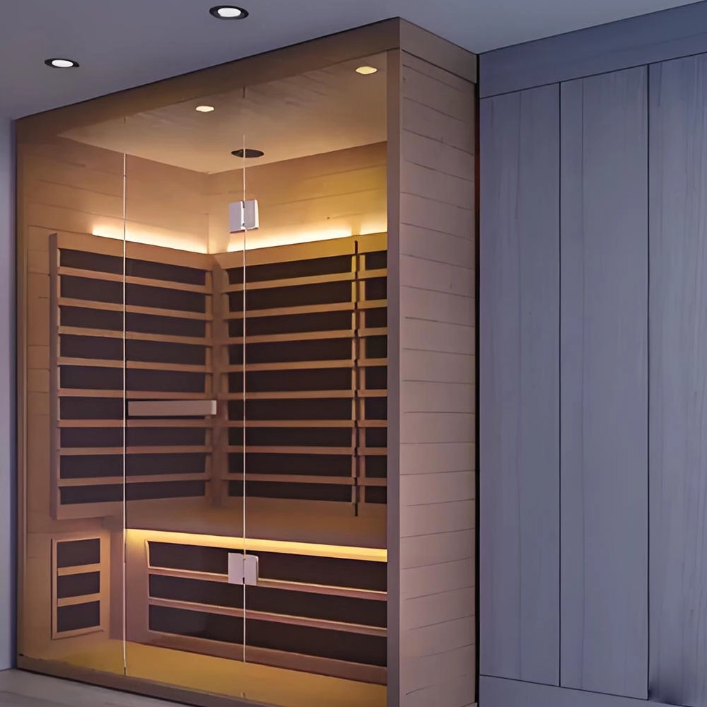 Luxury Curved Glass Corner Sauna Room 2 Person Infrared Corner Sauna Wooden Home Sauna Cabin